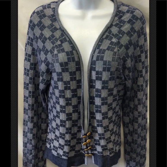 HWR Monogram Cardigan Sweater Blue Anthropologie Boyfriend Checkerboard Silk - Picture 2 of 9